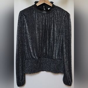 Morgan de Toi Metallic Silver/Black Shirred Long Sleeve High Neck Blouse